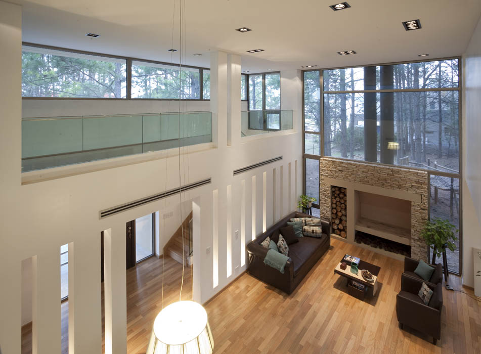 a living room with a fireplace