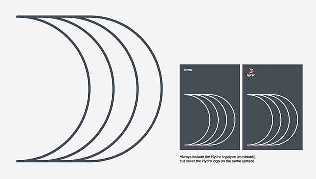 large and small versions of the sail, positive and negative print. Text; Always include the hydro logotype (wordmark), but never the hydro log on the same surface