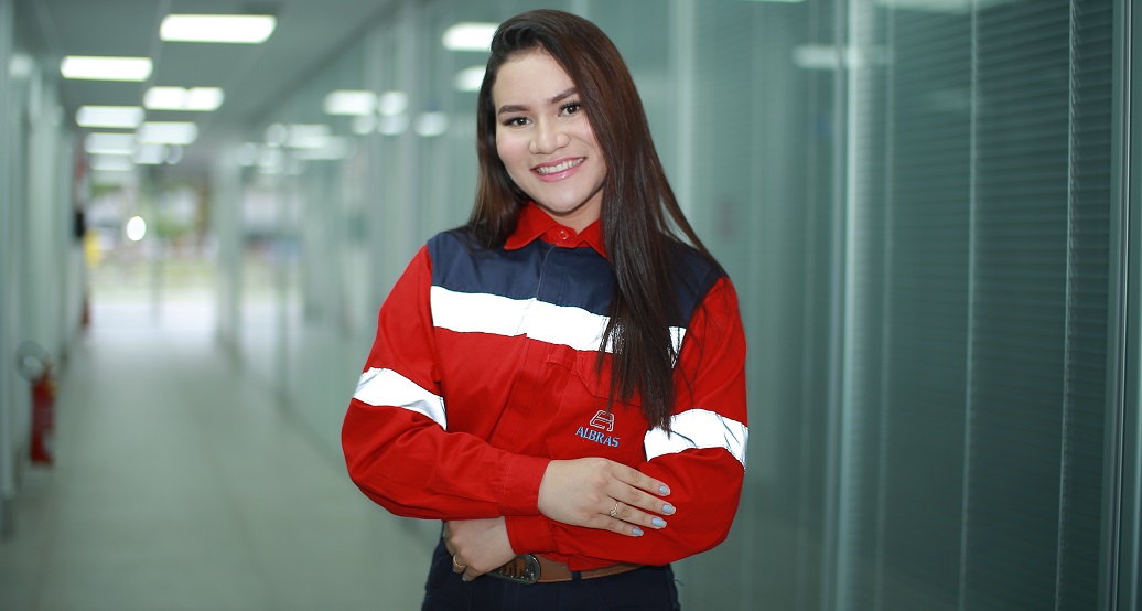 a woman in a red shirt